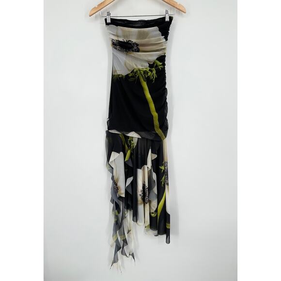 ZARA Strapless Midi Dress Floral Print Tulle Ruched Y2k Style Maxi Blogger Fav - Picture 4 of 15